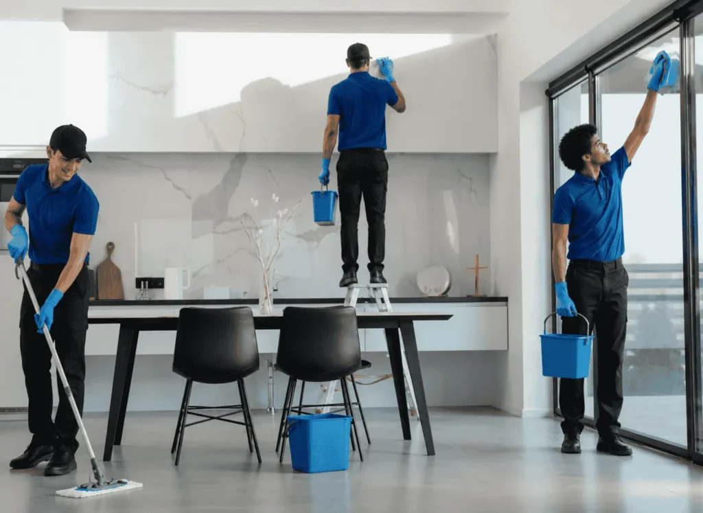 Professional technician washing large glass windows