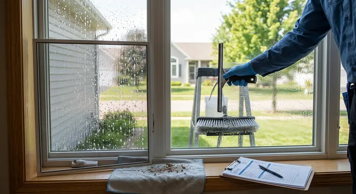 Technician washing an interior window from outside with a squeegee during window washing Rochester NY service, checklist on the sill