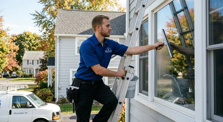 Technician on a ladder using a squeegee to wash a window on a Rochester, NY home in autumn