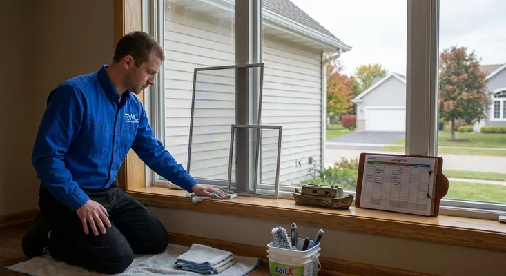 Technician removing and wiping down a window screen and sill during window washing Rochester NY service